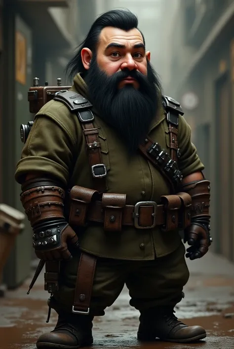  Abezon fantasy dwarf brushed backwards, Black hair. Without Beard. Uniformed mechanical worker .