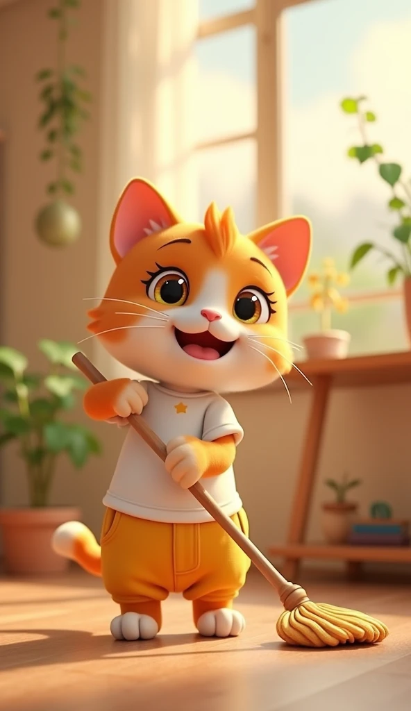 "Create a cute animated cat character with a big smile and expressive eyes, wear a white t-shirt and yellow pants. The cat should have an orange and white fur pattern and pose in a cute pose. The kitten can be seen sweeping the floor with a broom. The back...