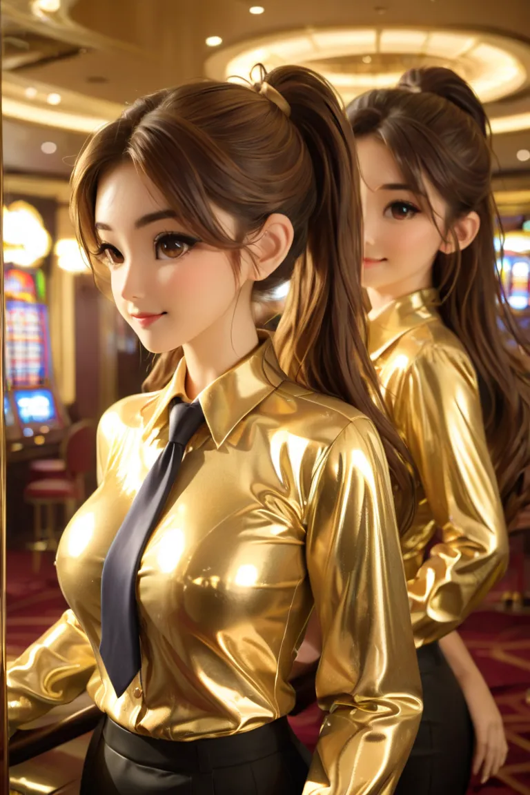 2 girls buttoned in extremely tight shiny golden metallic blouse, Necktie,  ponytail ,  very long hair,  brown hair, Breasts,  seductive smile , Lens reflection, Reflected light, Are there in the casino , From underneath, 