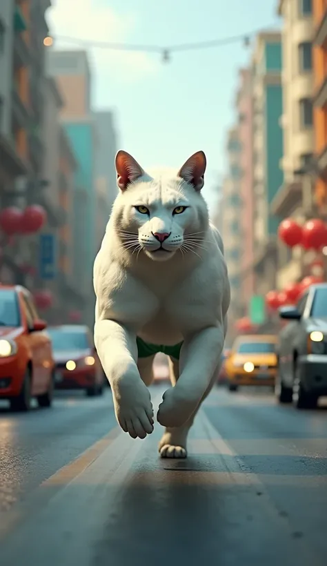 In cinematic 3D style ,HD image, realistic image, colourful image
Character, A muscular fit body white big cat wearing green shots.
Action,big cat Running on the road, theres traffic on both sides