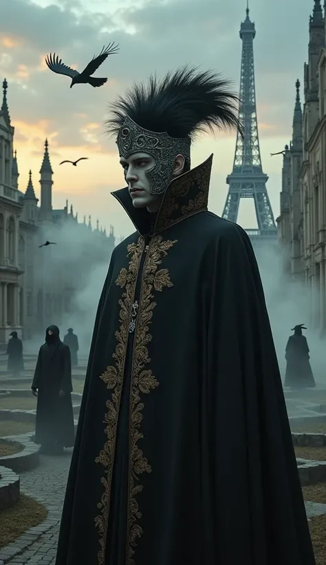  Visualize France as Hades , the god of the Underworld,  in a macabre landscape of cathedrals Gothic and thick mists ,  where historical beauty is mixed to eternal darkness . in the center,  a figure with French features ,  wearing a black robe detailed wi...