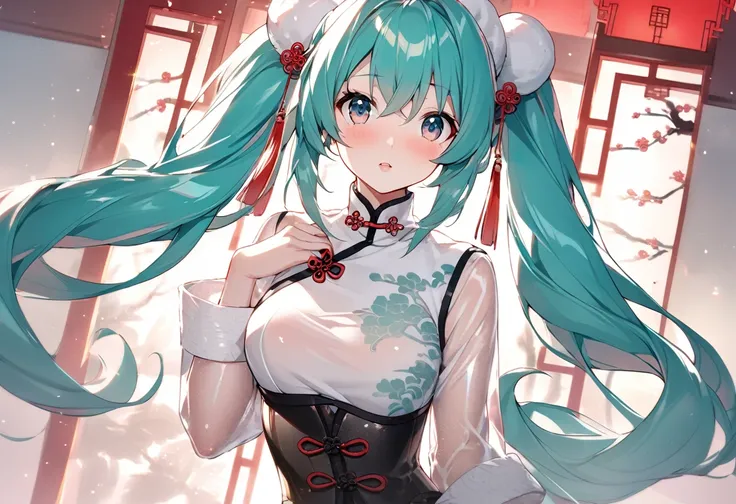 (hatsune miku:1.2), (corset changpao, sheer:1.4), (gleaming skin, shiny skin:1.4), (luxurious chinese garden:1.4),