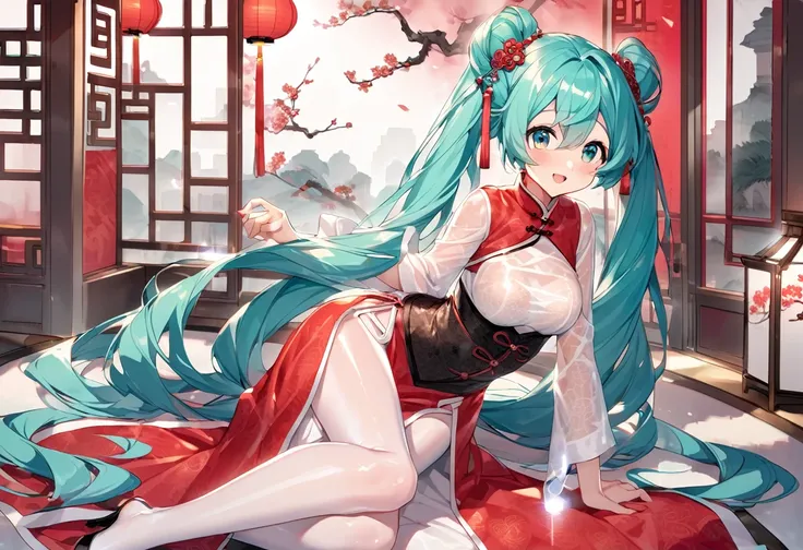 (hatsune miku:1.2), (corset changpao, sheer:1.4), (gleaming skin, shiny skin:1.4), (luxurious chinese garden:1.4),