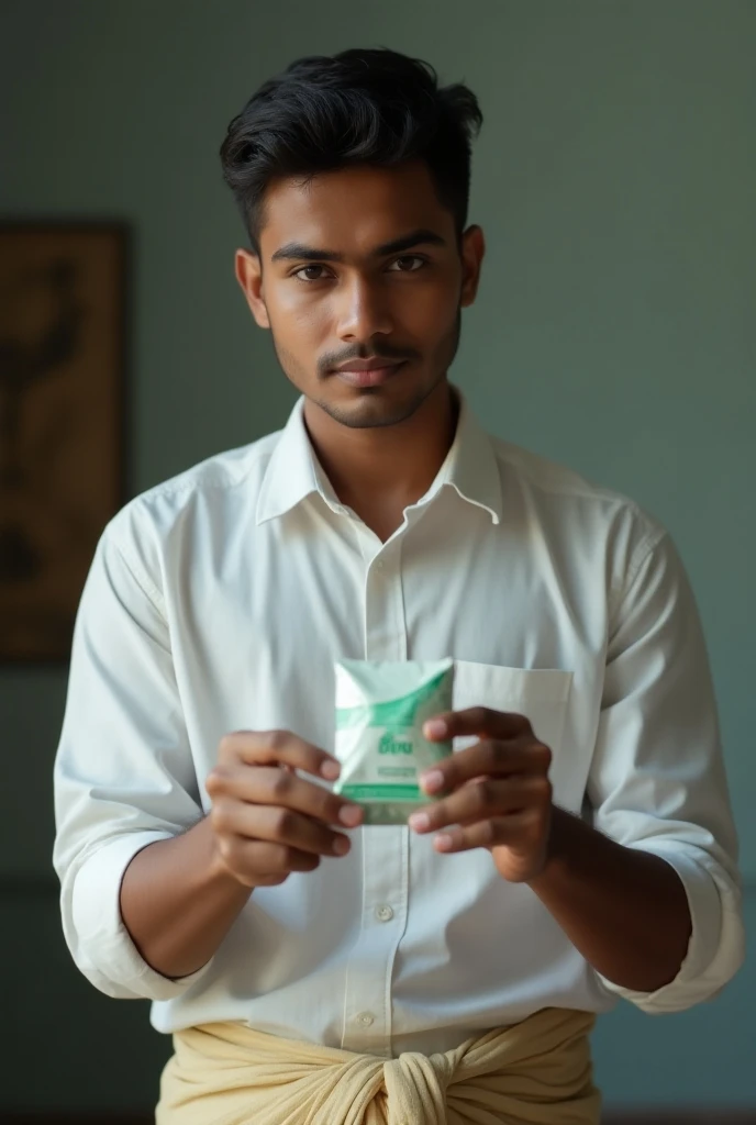 A man holding a packet of condoms. Whose age is 20 Dress shirt and lungi Bengali men and condoms will be in front of him