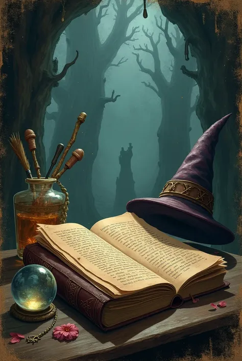  magic-related cover ， illustrated ， required to highlight the magic theme ， Generates dark scenes around magic，Vintage magic book 、Medicine Bottle、 Magic Hat、Magic Broom，Magic crystal ball、 generate 