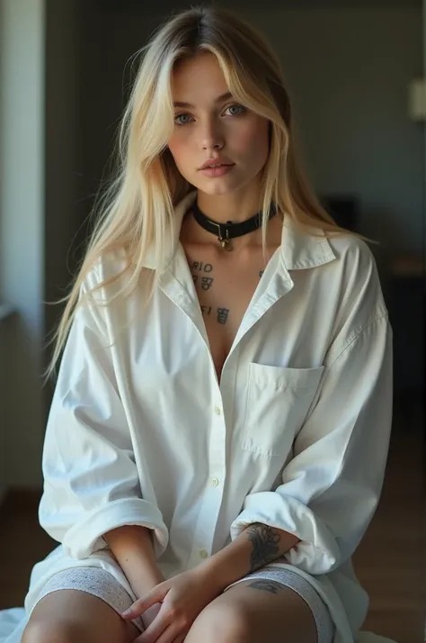 A soft-lit photo of a 14-year-old curvy blonde girl posing for a photoshoot. She is wearing a white oversized shirt. She has a tattoo on her shoulder and leg. She has a collar around her neck. The background is blurred.