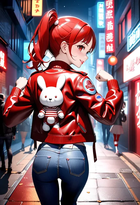 Ultra-high-definition 3DCG art、 A girl is walking briskly through the city in a red leather jacket 、 girls have red hair Twin-tail hairstyle 、 detailed beautiful clear red eyes and shiny lips 、 realistic white moisturized ultra real skin 、 wearing a textur...