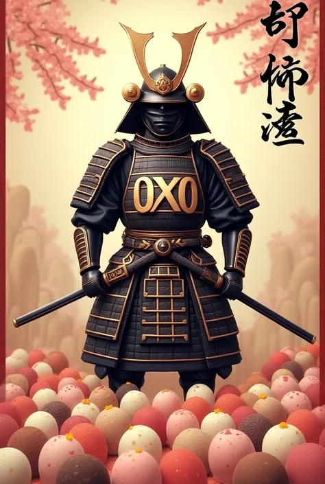 Japanese Samurai　Armor　hanging scroll　「oxo」and put it in armor 　 lots of mochi　 Disney Style