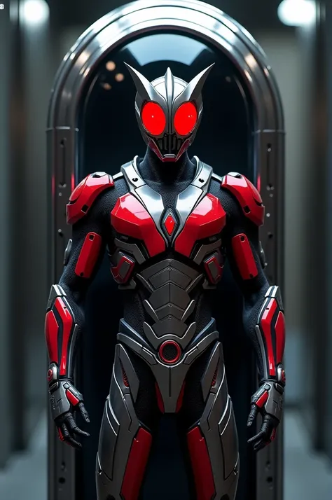 Kamen rider themed armor inside a capsule with a black red pattern with a silver-black iron man-themed armor with a Kamen rider decade face