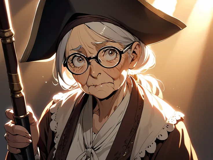  Old woman holding a cane, an empty-eyed pirate , wearing glasses, Backlighting, 