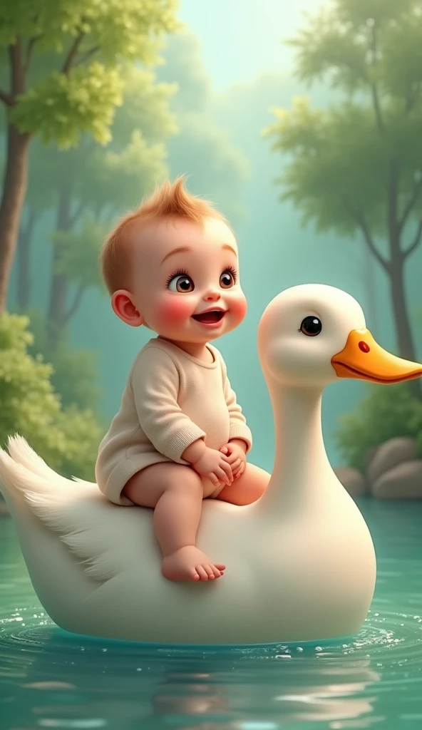 a baby riding a duck
