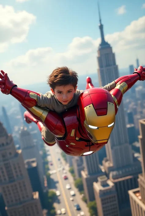  boy and Iron Man flying together through the city sky.

The city and sky details are clear, with a sense of adventure in the action.

