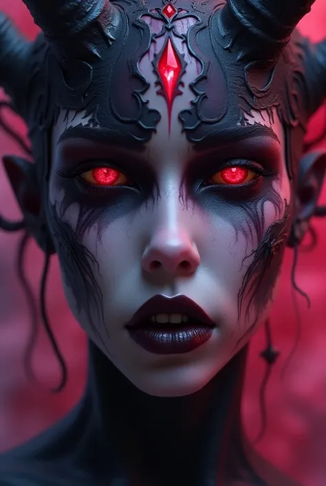 close up of a face, breathtaking of a beautiful female corrupted chaos (slaanesh daemonette:1.2), (close up:1.2),dark allure, ,pink and purple themes, highly detailed dreamy background, detailed skin texture, subsurface scattering award-winning, profession...