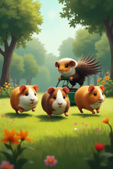 Create the image of 3 guinea pigs playing in a small park and an eagle mowing them