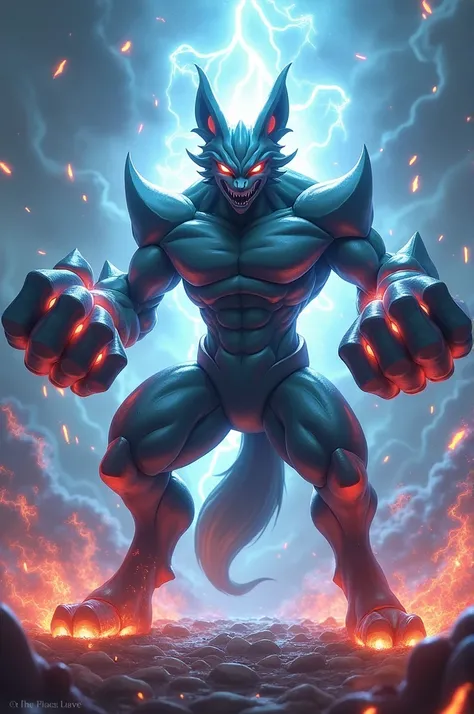 Lucario + Machamp hybrid, standing with four muscular arms glowing with aura energy, ready to punch with a fierce expression.