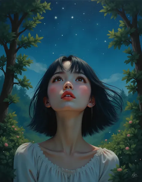 beautiful black-haired girl with brown eyes and shoulder-length hair, girl looking at the stars in a forest, anime girl, oil painting, ethereal, dreamlike, whimsical, intricate details, warm colors, dramatic lighting, photorealistic, hyper detailed, cinema...