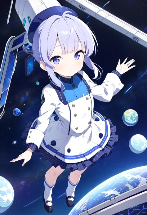 Masterpiece,Best quality, Japanese anime style,(((A station in space, a Galaxy Railroad station))), greeted by a charming small android stationmaster, simple eyes, a beautiful galaxy,