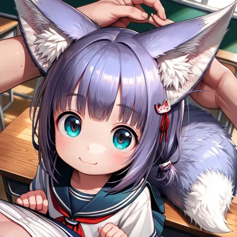 (masterpiece, best quality:1.4), (8k, ultra-detailed, anime style:1.2), cute young girl, (Fluffy fox ears, Fluffy fox Tail,:1.6), big eyes, small nose, detailed hair, ( wearing a sailor suit:1.4), bright and colorful background, (anime:1.3), (1 boy, Pattin...