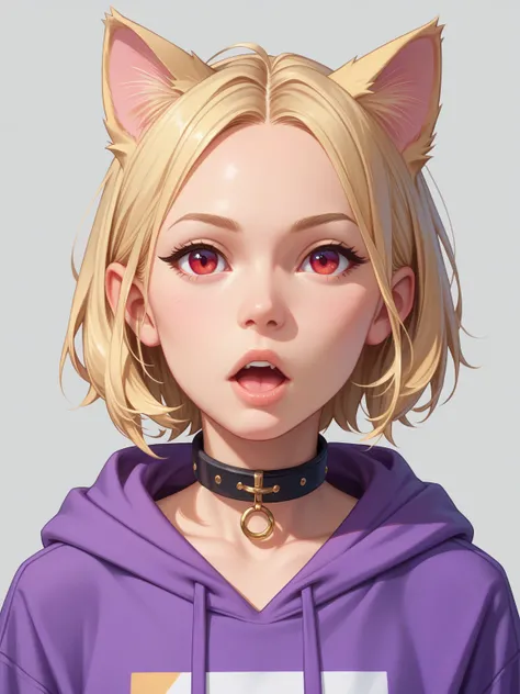  one girl playing pranks,Blonde,Red eyes,Golden cat ears,Best Quality,Character portrait, illustration style,Purple hoodie, Hi-Res, simple background, character design drawing, Short Hair,whole body,Black collar, open your mouth 