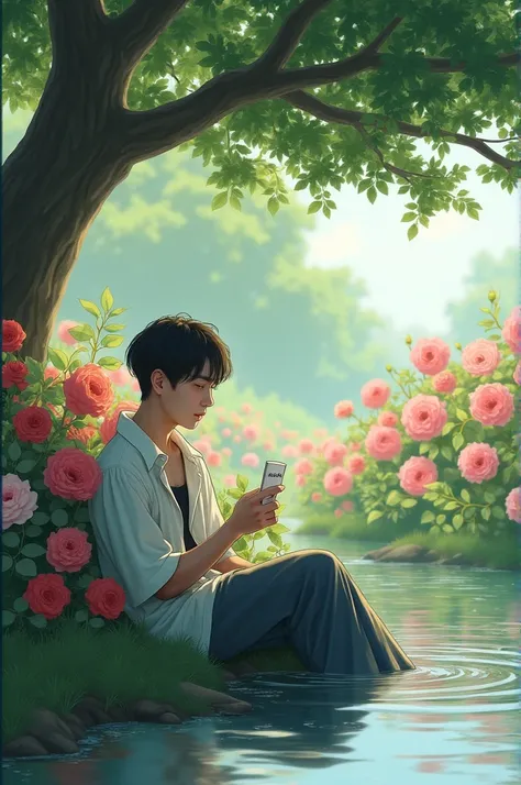 BTS Jeon jungkook is sitting inder a tree ,beside a river, there are many roses and he hold the name Anuska