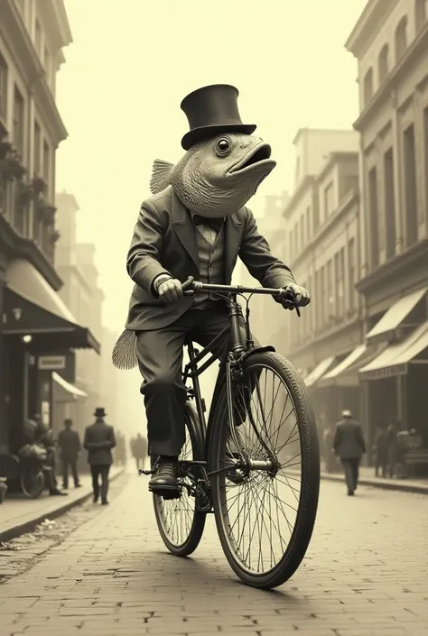  Develop for me a surreal art, Where is a fish with a top hat, Driving a bike hit with the biggest front wheel, around the city, vintage, Drawing, 19th century, 
