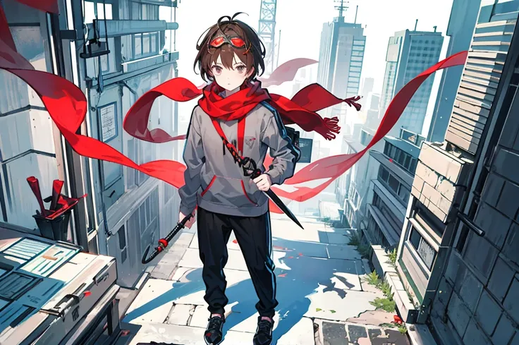 Illustration of a boy in a dark brown hoodie Fluttering red scarf Wearing goggles on his forehead Grey shirt Long black pants Holding a kunai in his hand Background is a desolate city Wearing black sneakers 