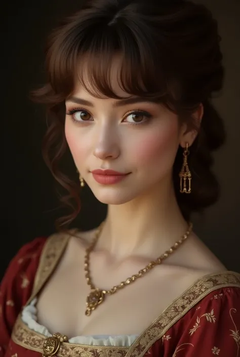  is a close-up of a woman wearing the costume of a chief servant from the Renaissance era, long hair, wavy and short hair, short brown hair, big eyes, short dark hair, short wavy hair, attractive and wonderful face, short hair, perfect face)A brown haircut...