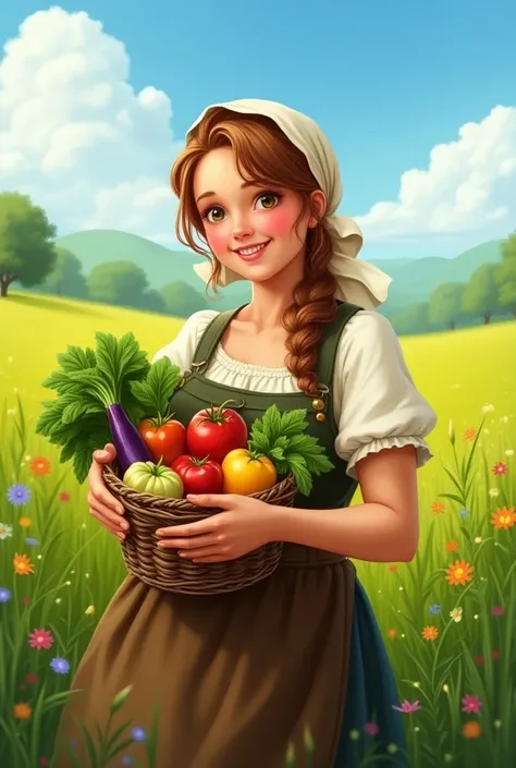 A peasant girl with a beautiful smile in the field and holding vegetables in her hands