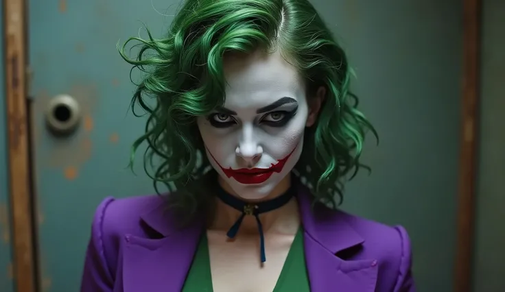 { "prompt": "A faithful female version of the iconic Joker from DC Comics, reimagined with striking beauty and allure while retaining the characters chaotic energy. She has pale white skin, with wild, vibrant green hair styled in messy, voluminous curls. H...