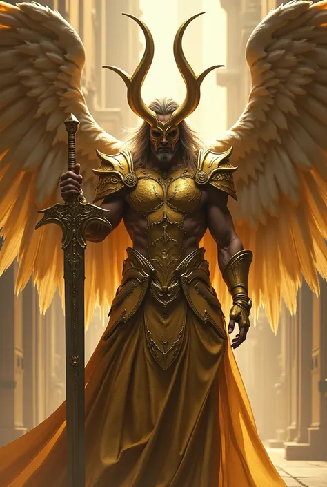    giant、7th life、Muscular、Fallen Angel、Long horn、beautiful、Golden Armor、luxury、delicate、SF、Asgard、male、mask、Great Sword、wing
