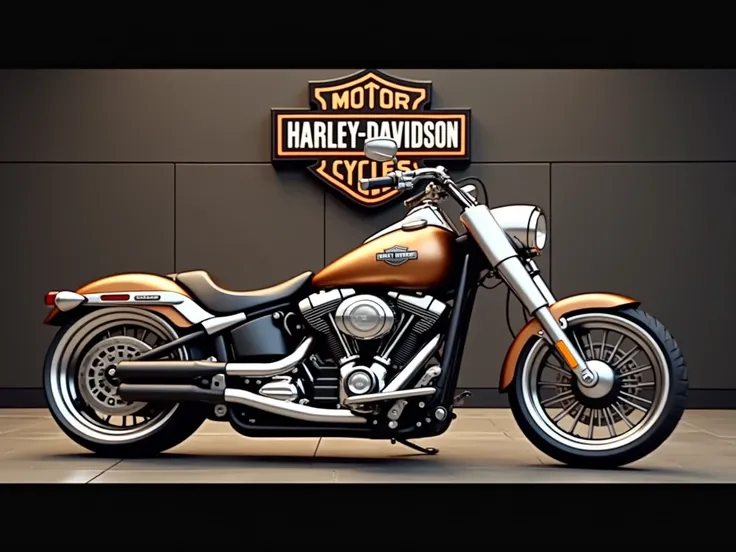 "Generate a realistic image of a Harley-Davidson motorcycle displayed in a showroom with a modern, minimalist style. The motorcycle is a classic cruiser model with a metallic bronze and black color scheme. The bike features a large, exposed V-twin engine w...