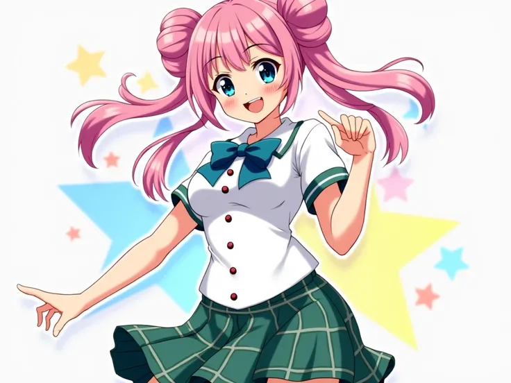 isuzu emi, pink hair, drill hair, long hair, blue eyes, smile, breasts,twin drills, ahoge, bow,white school uniform,green plaid skirt