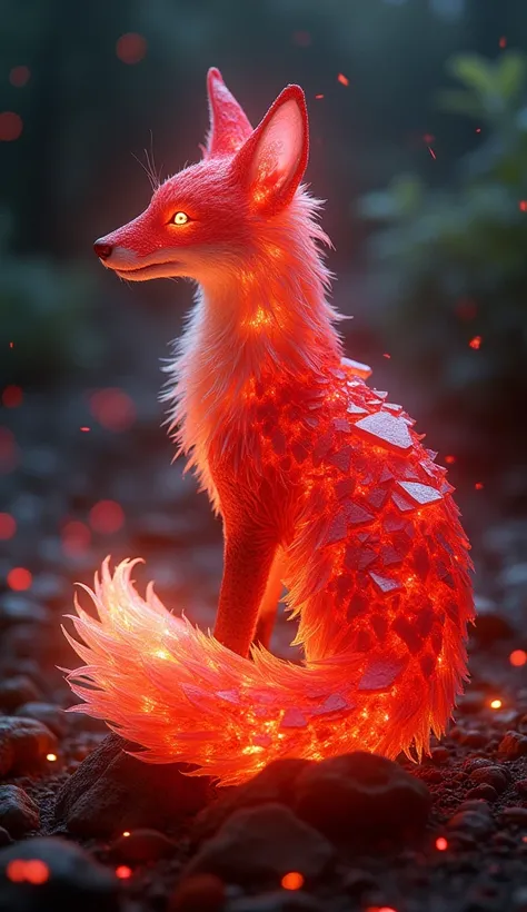 Create an image of a mystical, magical fox enveloped in a faint, fiery red glow. The fox’s form is composed of ruby-like crystal fragments, shimmering with a red-orange hue that suggests hidden, fiery magic. Its tail and eyes gleam with a warm, luminous re...