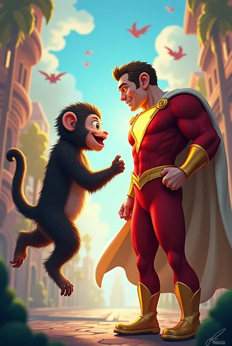 Give me a picture prompt which a monkey and Shazam are together facing each other 