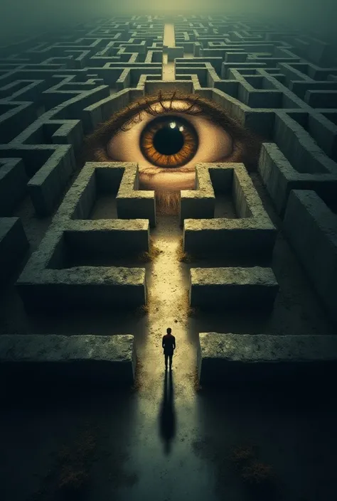 Create an image of a maze with a person standing in fromt of a maze and a brown eye in the middle that could put as a book cover and put "lost in her eye" title