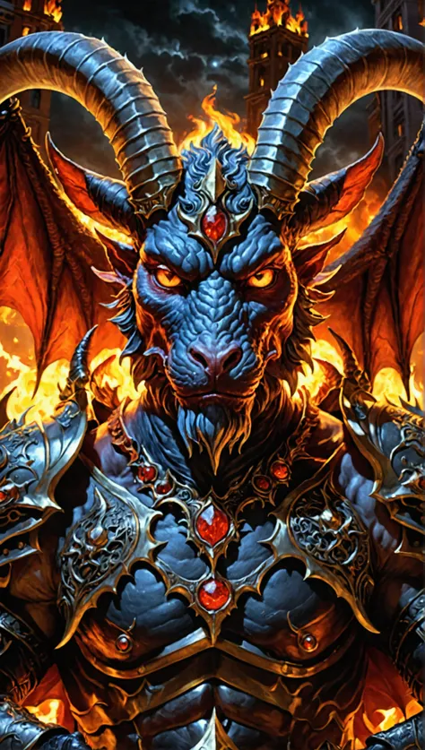 Of prodigious stature, Beelzebub Prince of Demons sits on an immense throne Hes depicted with a puffy face, fiery eyes, raised eyebrows, two goats horns, a fiery headband on his forehead, two bat wings and demonic armor, powerful (demonic creature, inferna...