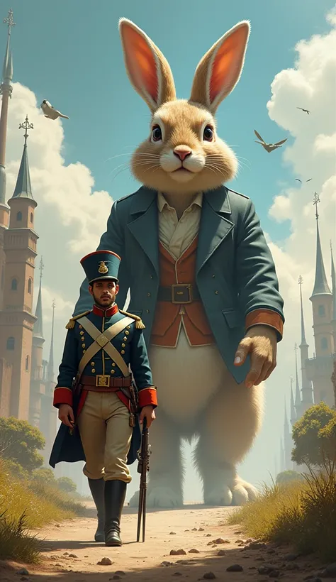 A Masterpiece France Soldier Walking Straight Holding A Heavy Gun Wearing France Army Uniform, A Giant Rabbit Walking Behind Him , Rabbit Height Is More Then Soldier, Creative Prompt, Eye Catching Background, Accurate Prompts, masterpiece, Without Hat