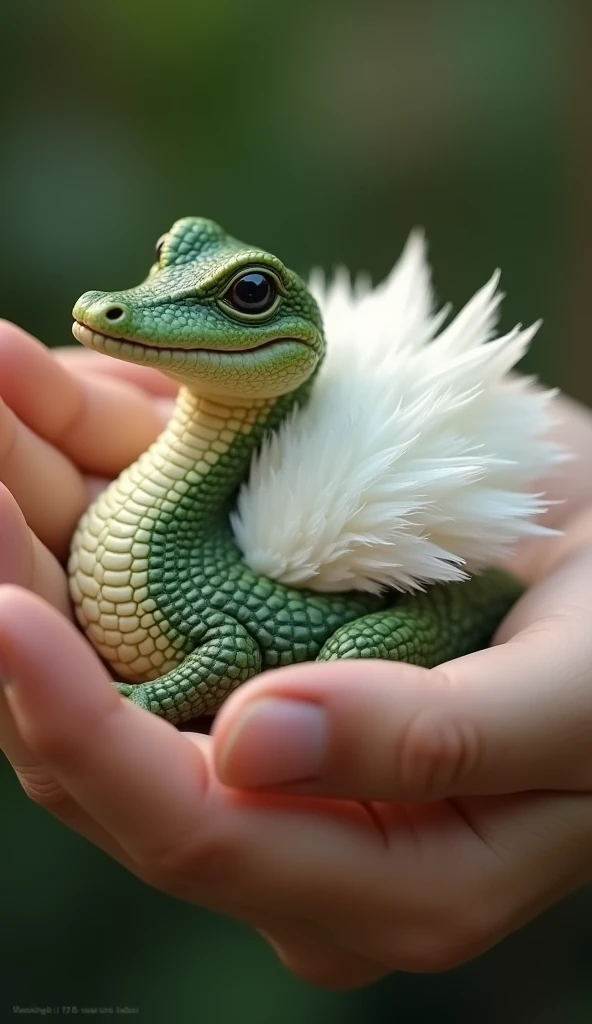 Baby alligator with swan feathers "A finger-sized baby alligator, with soft white feathers like a swans, nestles in the palm of a hand. Its scales are green and its body is covered in a thin layer of white feathers that fan out elegantly. It looks around w...