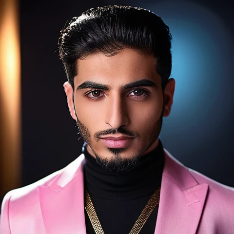 a handsome arabic man, extremely detailed face, piercing eyes, sharp nose, full lips, middle eastern appearance, wearing a stylish pink and black shirt, standing in front of a sofa, professional studio lighting, cinematic lighting, dramatic moody colors, (...