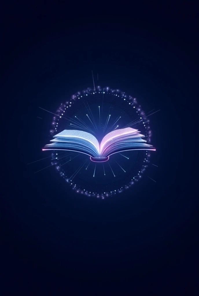 A sleek, minimalist logo designed for a digital, blockchain-based storytelling platform. The logo centers on an open book with stylized pages, each page composed of small interconnected nodes and lines to represent blockchain technology. Behind the book is...