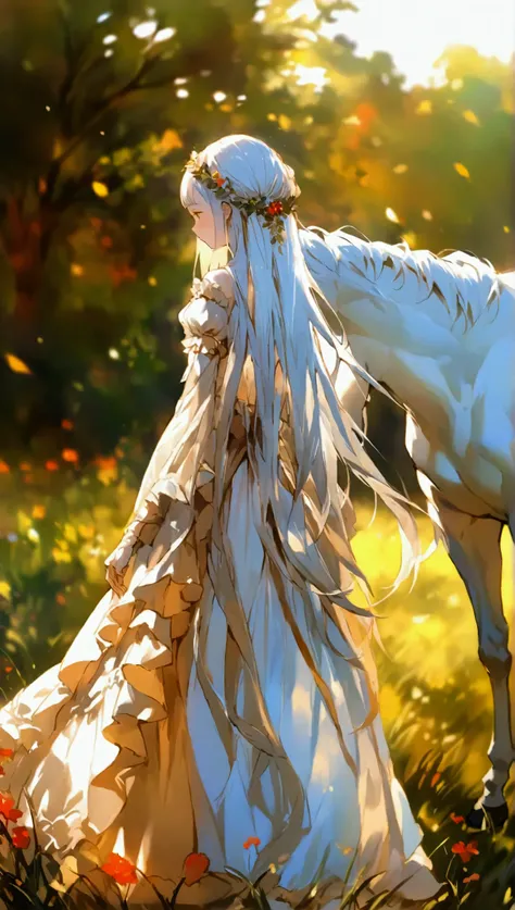 White-haired beauty， Double ponytail long straight hair，Tall figure，Walking on the lawn with a rein ，The White Horse，Lolita，Lolita鞋，Full body close-up，Long skirt