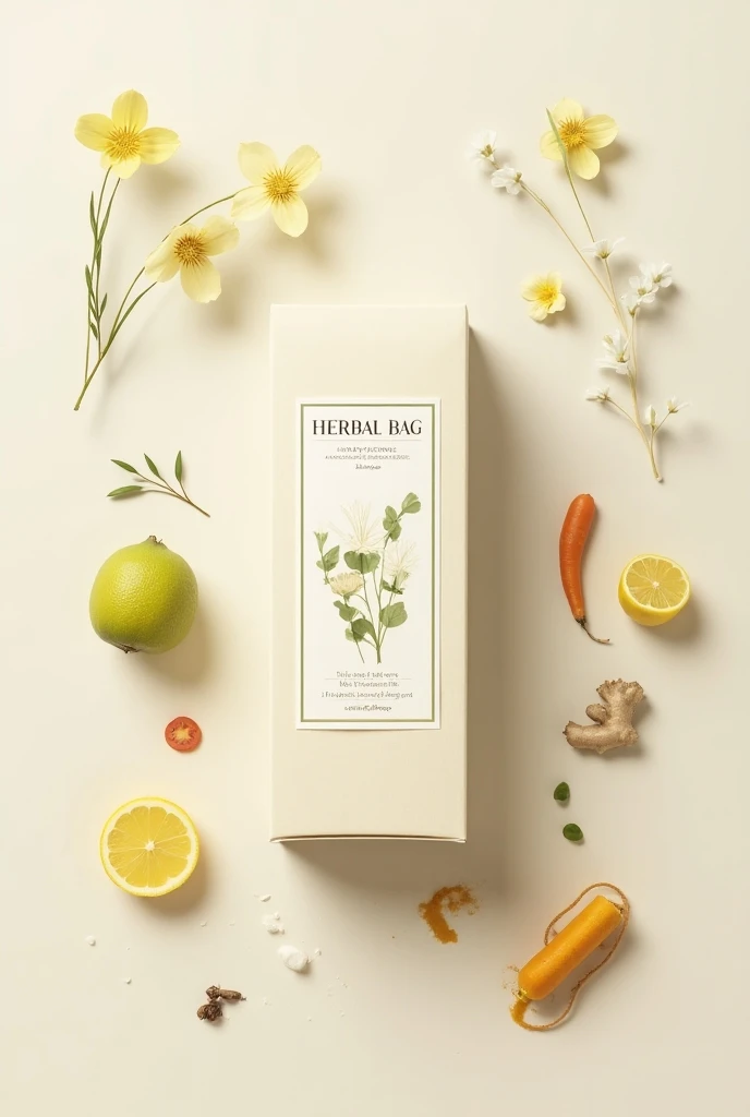 i want you to create an aesthetic minimalist yet elegant packaging design for my Innovation product "herbal bag" contain banana blossoms, carrot tomato, ginger, honey, tumeric and lemon "in a box packaging" (insert the name and the tagline too "Herby Brew ...