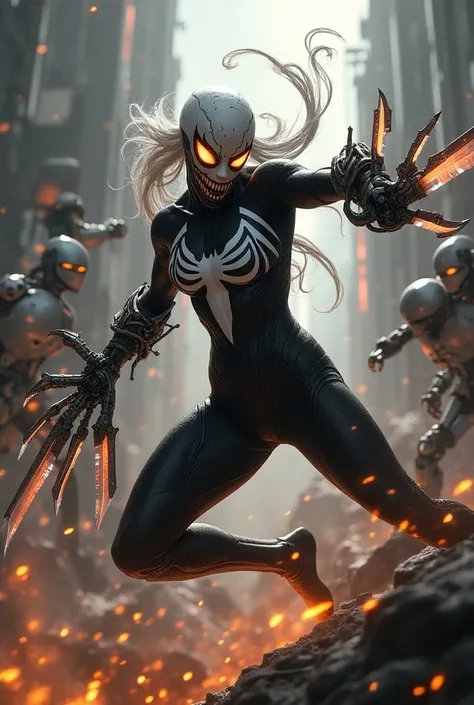 Simbionte she-venom (marvel) White-colored and orange-eyed fighting with blades in their arms against droids from Star Wars 