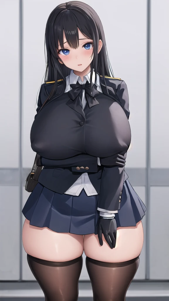  high school girl、uniform、Gloves、 mini skirt、 black tights、Best Quality、Big Breasts