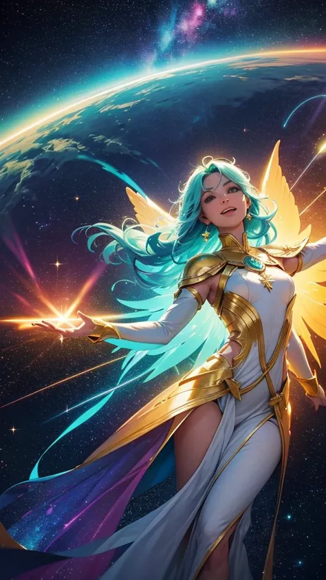 Create a vivid scene where a group of star beings travel a glowing path through the vast expanse of space, leading to a great divine entity. Along the way, they encounter bright meteors that leave a trail of golden and turquoise light behind them. Each ste...