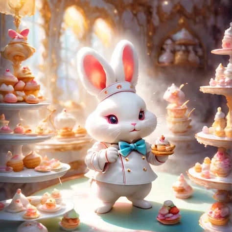 A white rabbit is wearing pastry chef clothes，Making sweets ， preparing afternoon tea ，  Restaurant，
Best Quality,，Minuet ,とてもcute, ,masterpiece,  rich colors,Best Quality,  OFFICIAL ART,  Fantasy , colorful ， happiness,  Nice background  ,Stylish ,Sparkli...