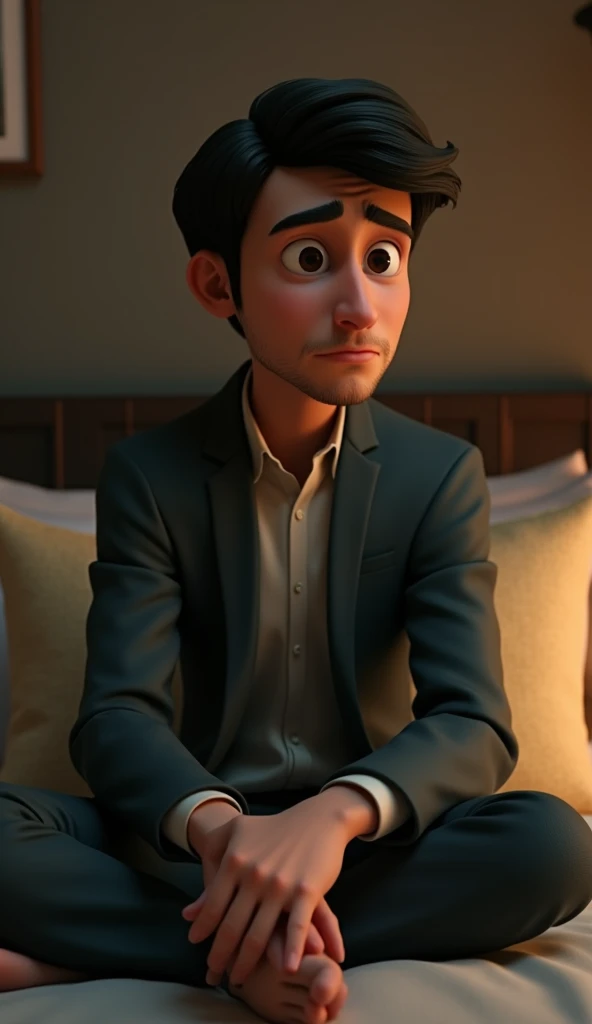 Close up a man sitting sad in the bedroom 3d animation, wear attractive clothes suits salwar, good figure,