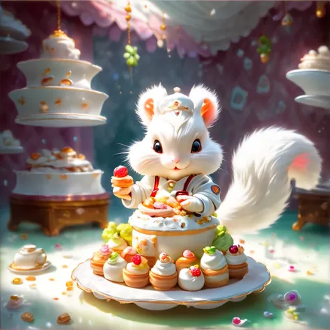 A white squirrel is wearing pastry chef clothes，Making sweets ， preparing afternoon tea ，  Restaurant，
Best Quality,，Minuet ,とてもcute, ,masterpiece,  rich colors,Best Quality,  OFFICIAL ART,  Fantasy , colorful ， happiness,  Nice background  ,Stylish ,Spark...