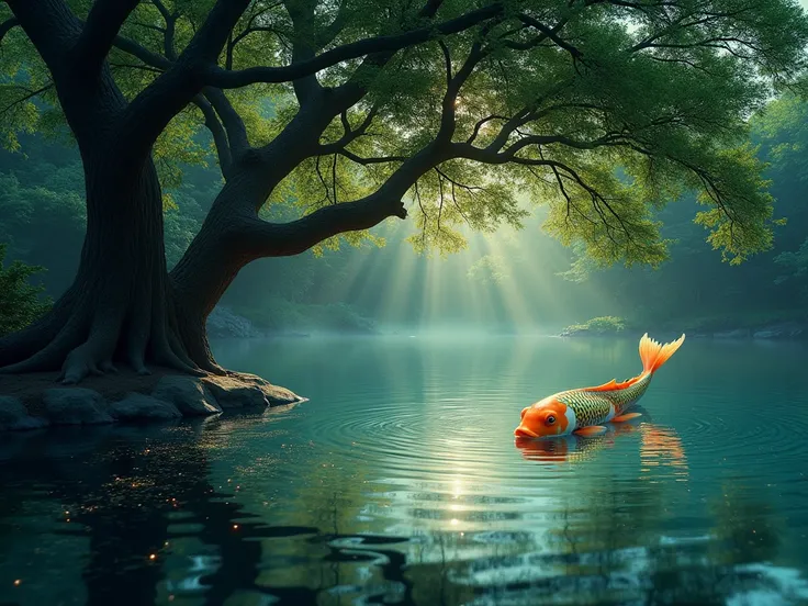 a serene scene underneath a grand tree, where a crystal-clear pond reflects the shimmering lights and the velvet sky above. The waters surface is gently disturbed by the occasional ripple of a mystical koi fish, whose scales sparkle with iridescent hues of...