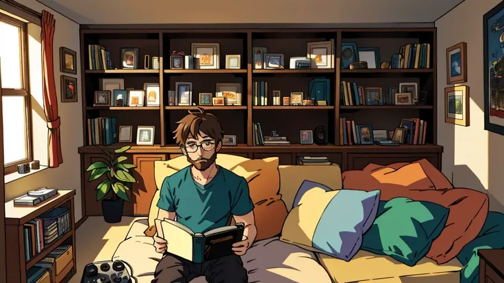 An image of a man sitting comfortably on a bean bag chair, reading a manga. The man has short, chestnut-brown hair, a neatly trimmed beard, and is wearing glasses. The scene takes place in a cozy, geek-themed bedroom filled with collectibles and tech gadge...